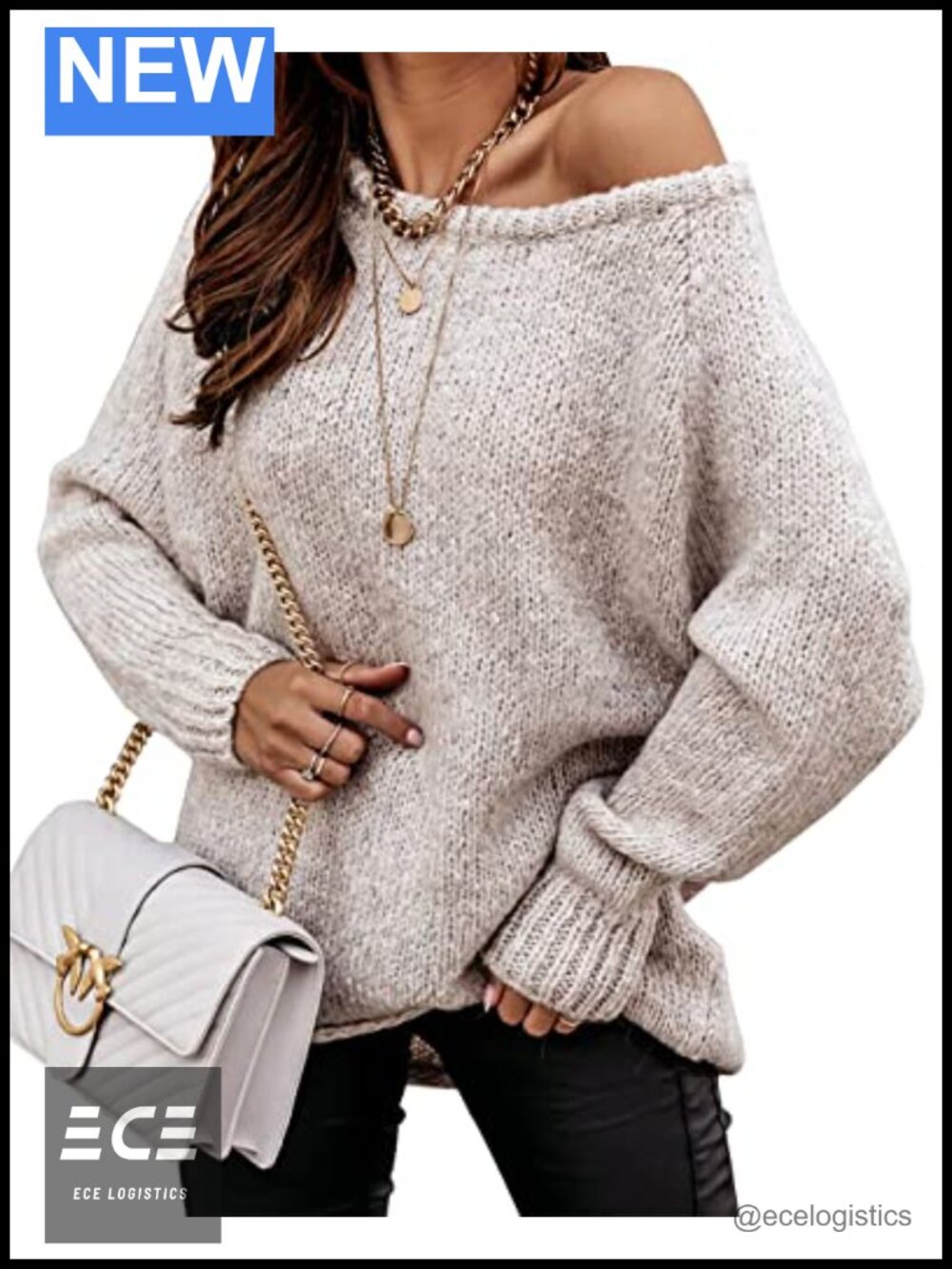 Women Casual Long Sleeve Off The Shoulder Ribbed Knit Oversized Sweater